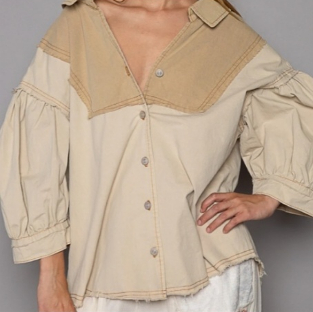 Pol Split Back W/Tie V-Neck Collared Button-Up Tw… - image 2